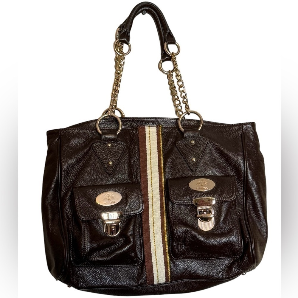 Christine Price Pebbled Leather Purse Bag Tote Brown Gold Accents Pockets